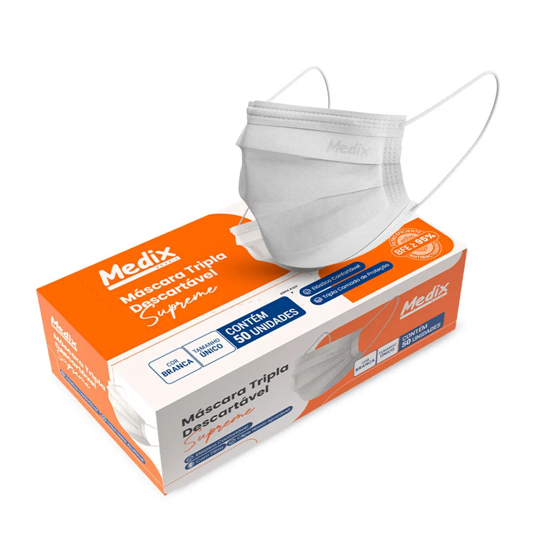 Máscara MEDIX Tripla Descartável Com Filtro (BFE) Branca - Caixa 50 un.