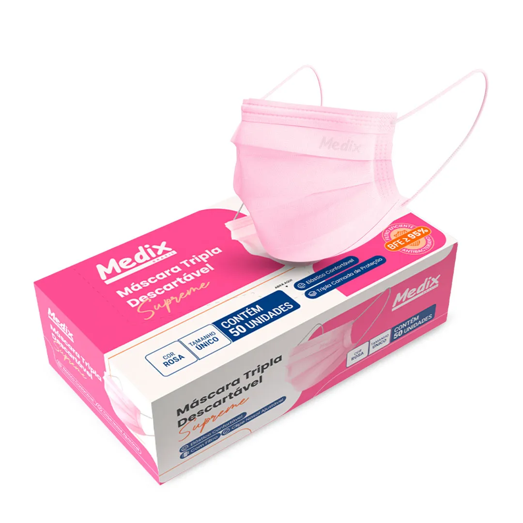 Máscara MEDIX Tripla Descartável Com Filtro (BFE) Rosa - Caixa 50 un.