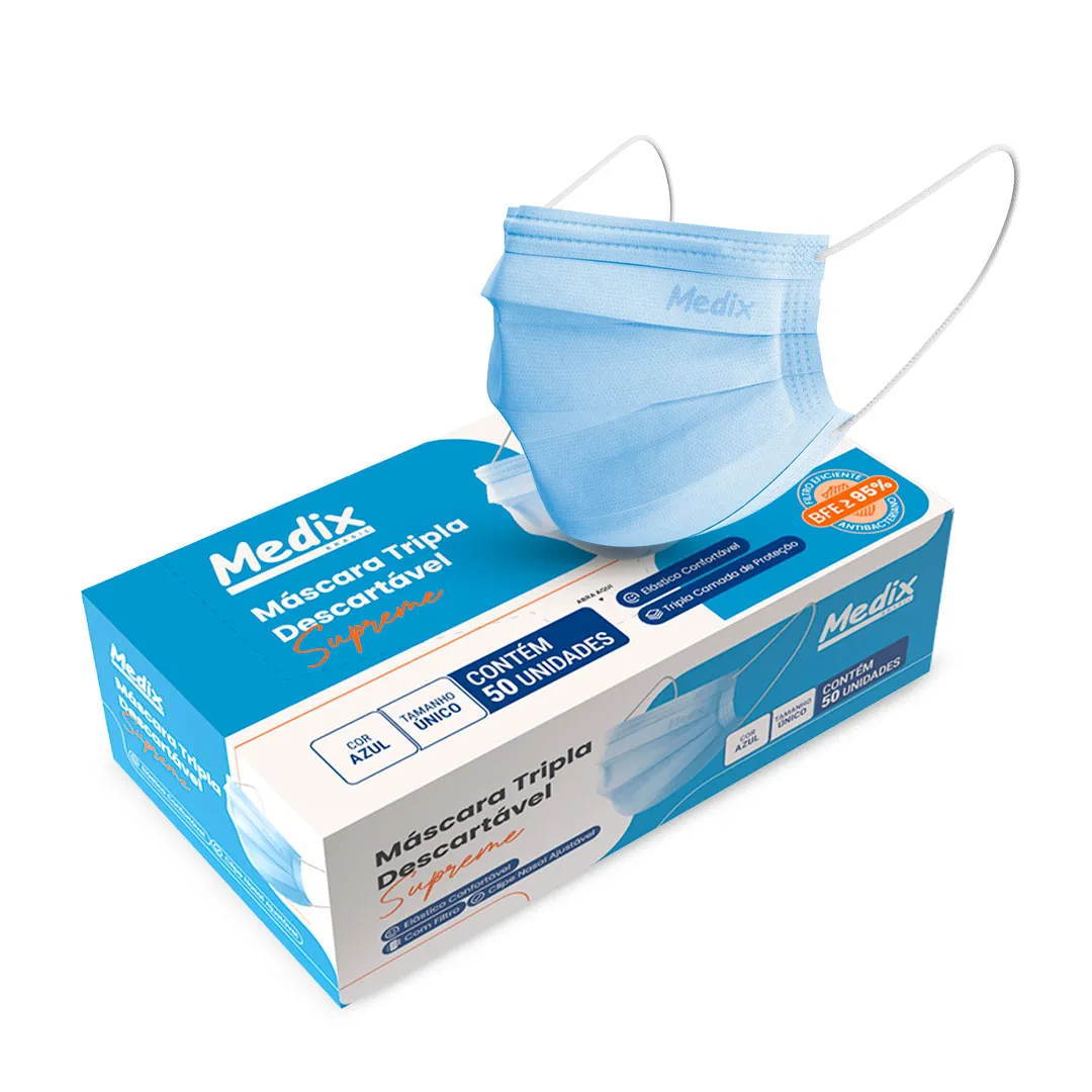 Máscara MEDIX Tripla Descartável Com Filtro (BFE) Azul - Caixa 50 un.