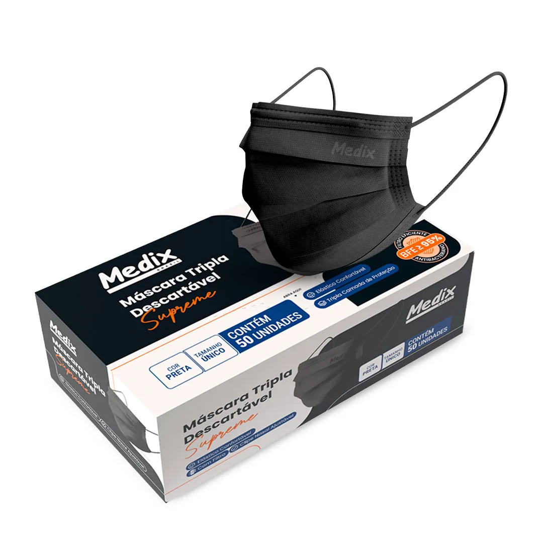 Máscara MEDIX Tripla Descartável Com Filtro (BFE) Preta - Caixa 50 un.